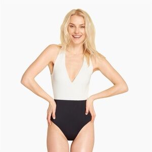 summersalt Two-Tone White and Black V-Neck One-Piece Swimsuit